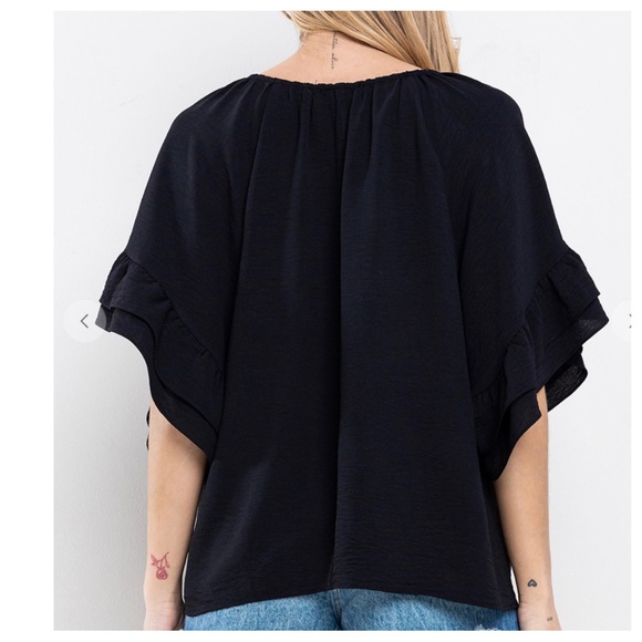 11 Boho Solid Key Hole Tie Flared Top - Picture 2 of 5